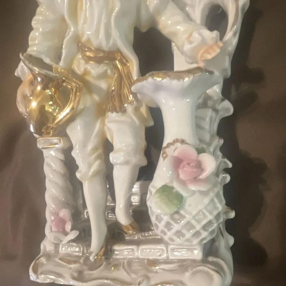 Vintage Porcelain Figurine Candle Holder Glossy White Gold Pink Floral